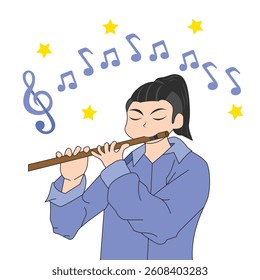 Man playing flute. Scale and musical notes. Flat style background