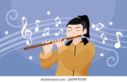 Man playing flute. Scale and musical notes. Flat style background