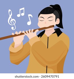 Man playing flute. Scale and musical notes. Flat style background