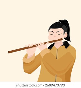 Man playing flute. Scale and musical notes. Flat style background