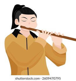 Man playing flute. Scale and musical notes. Flat style background