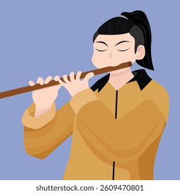 Man playing flute. Scale and musical notes. Flat style background