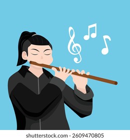 Man playing flute. Scale and musical notes. Flat style background