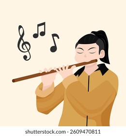 Man playing flute. Scale and musical notes. Flat style background