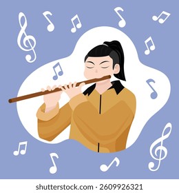 Man playing flute. Scale and musical notes. Flat style background