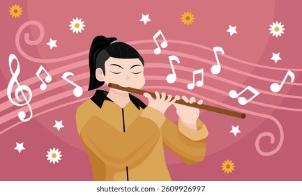 Man playing flute. Scale and musical notes. Flat style background. with musical notes and daisy flower patterns