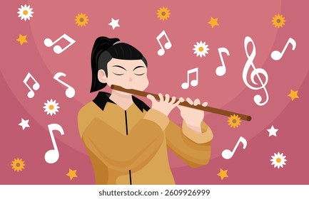 Man playing flute. Scale and musical notes. Flat style background. with musical notes and daisy flower patterns