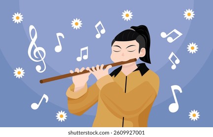 Man playing flute. Scale and musical notes. Flat style background. with musical notes and daisy flower patterns