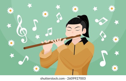 Man playing flute. Scale and musical notes. Flat style background. with musical notes and daisy flower patterns