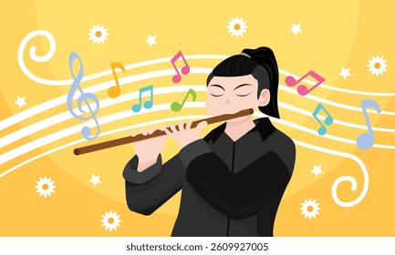 Man playing flute. Scale and musical notes. Flat style background. with musical notes and daisy flower patterns