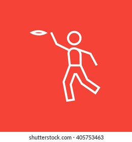 Man playing with flying disc line icon.