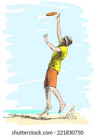 Man playing flying disc on the beach, Hand drawn illustration, Color sketch.