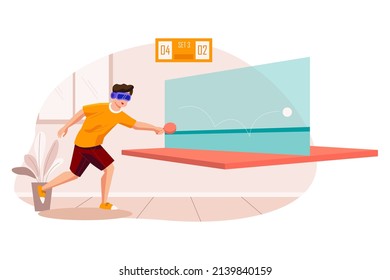 Hombre jugando fútbol usando el concepto VR tech Illustration. Ilustración plana aislada en fondo blanco.
