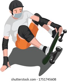 A man playing freestyle skateboard while using medical mask
