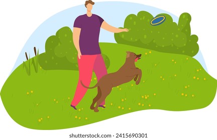 Man playing frisbee with dog in park, sunny day. Pet owner and happy dog enjoying game outdoor. Leisure time with pet, outdoor activity vector illustration.