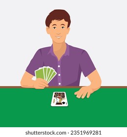 Man playing game with cards in his hands vector illustration. Person spends time with poker alone. Guy with play cards comes up with strategy for game. Player thinks about next move with cards