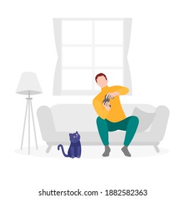 Man playing game with cat, isolated on white background, vector flat illustration