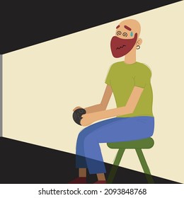 Hombre jugando al juego en la habitación oscura. Hombre joven jugando al vector de juego para la web y el móvil.