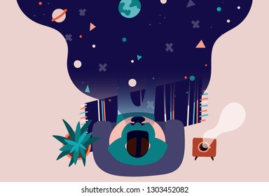 Man playing game at home. Virtual reality concept in modern flat style. Stock vector