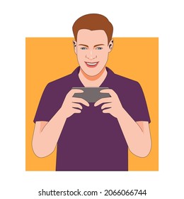 a man playing game on cellphone. Vector image