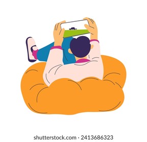 Man playing game on mobile phone, isolated boy sitting in comfortable chair. Male personage with cell in hands looking at screen with car, racing and driving vehicle online. Vector in flat style