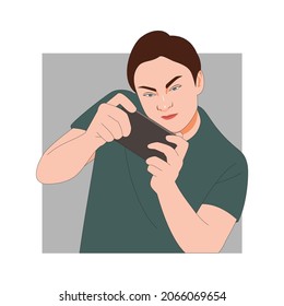 Man playing game on smartphone. Vector image