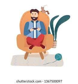 Man playing game and sitting in chairs. Vector flat illustration cartoon style isolated on white.