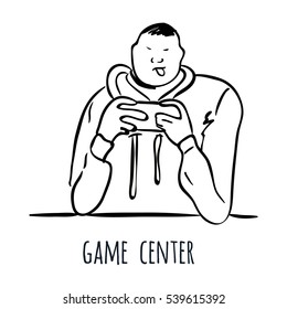 A man playing game. Vector line illustration.