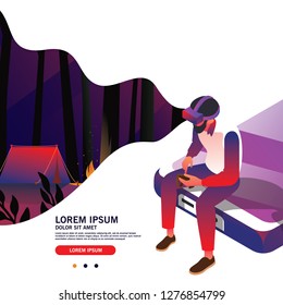 MAN PLAYING GAMES IN AUGMENTED REALITY IN ISOMETRIC ANGLE