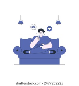 Man Playing Games with Happy Thoughts Outline Illustration