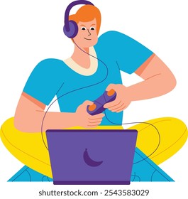 Un Hombre Jugando Juegos En La Computadora Portátil Que Sostiene El Controlador Del Juego Y Que Lleva Auriculares Ilustración