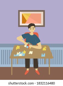 Man playing games vector, hobby of person developing cognitive activity. Leisure time of male relaxing character sitting with jigsaw puzzles skills