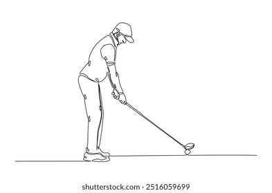Homem jogando golfe contínuo um desenho de linha. golfista profissional balançando o pau em ilustração de arte de linha única. Vetor editável.  