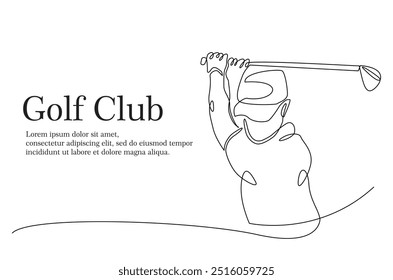 Homem jogando golfe contínuo um desenho de linha. golfista profissional balançando o pau em ilustração de arte de linha única. Vetor editável.  