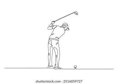 Homem jogando golfe contínuo um desenho de linha. golfista profissional balançando o pau em ilustração de arte de linha única. Vetor editável.  