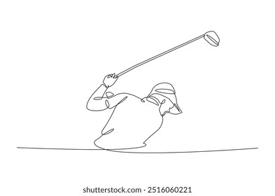 Homem jogando golfe contínuo um desenho de linha. golfista profissional balançando o pau em ilustração de arte de linha única. Vetor editável.  