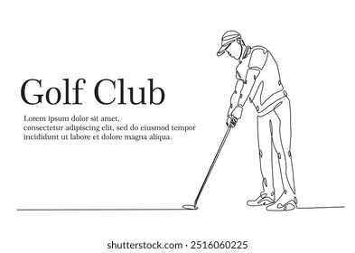 Man playing golf continuous one line drawing. professional golfer swinging the stick in single line art illustration. Editable vector.  