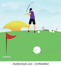hombre jugando al golf al amanecer. Un golpe preciso en el agujero. Ilustración de dibujos animados de estilo plano