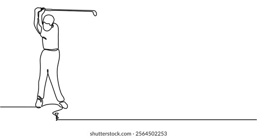 A man playing golf, depicting concentration, skill, and sport. One line drawing capturing the essence of a golf player. Vector illustration hand drawn.