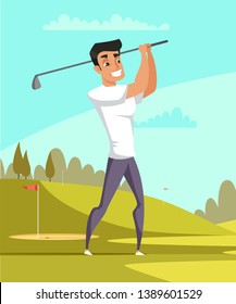 Man playing golf flat illustration. Cartoon male at court vector drawing. Park, trees and hills on bright green background. Middle class leisure time luxury activity