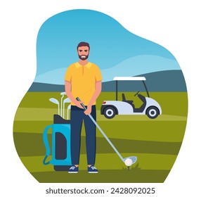 Man playing golf. Golfer with golf club on green grass, bag with professional equipment and driving cart, sport game outdoor concept. Summer hobby and recreation. Vector illustration