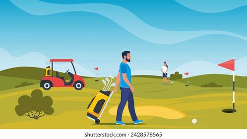 Man playing golf. Golfer with golf club on green grass, bag with professional equipment and driving cart, sport game outdoor concept. Summer hobby and recreation. Vector illustration