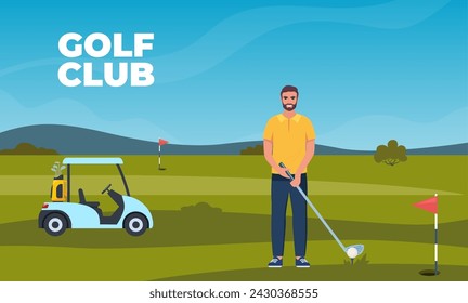 Man playing golf. Golfer with golf club on green grass, bag with professional equipment and driving cart, sport game outdoor concept. Summer hobby and recreation. Vector illustration