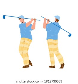 Man Playing Golf And Hitting Ball With Club Vector. Golfer Play Golf And Shot With Sportive Equipment. Character Boy Golfing And Exercising, Sport And Leisure Active Time Cartoon Illustration