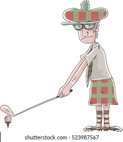 Man playing golf illustration 3 /Illustration of usual man playing golf costumed in a kilt , editable vector file Eps 10.