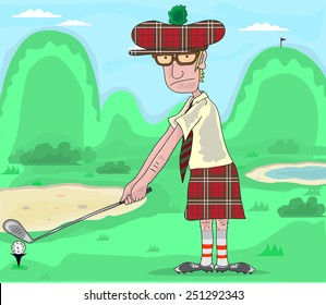 Man playing golf illustration/Illustration of usual man playing golf costumed in a kilt , editable vector file Eps 10.