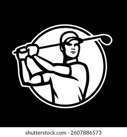 A man playing golf, logo on a dark background.
