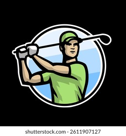 A man playing golf, logo on a dark background.