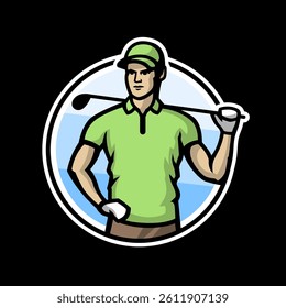 A man playing golf, logo on a dark background.