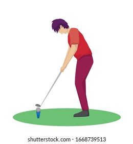 Man Playing Golf, Male Golfer Training with Golf Club on Course, Outdoor Sport or Hobby Vector Illustration